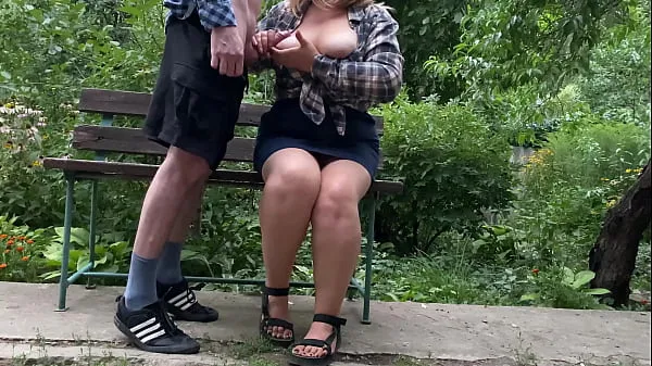 XXX Big cock cumshot on her tits in the park on a bench fresh Movies
